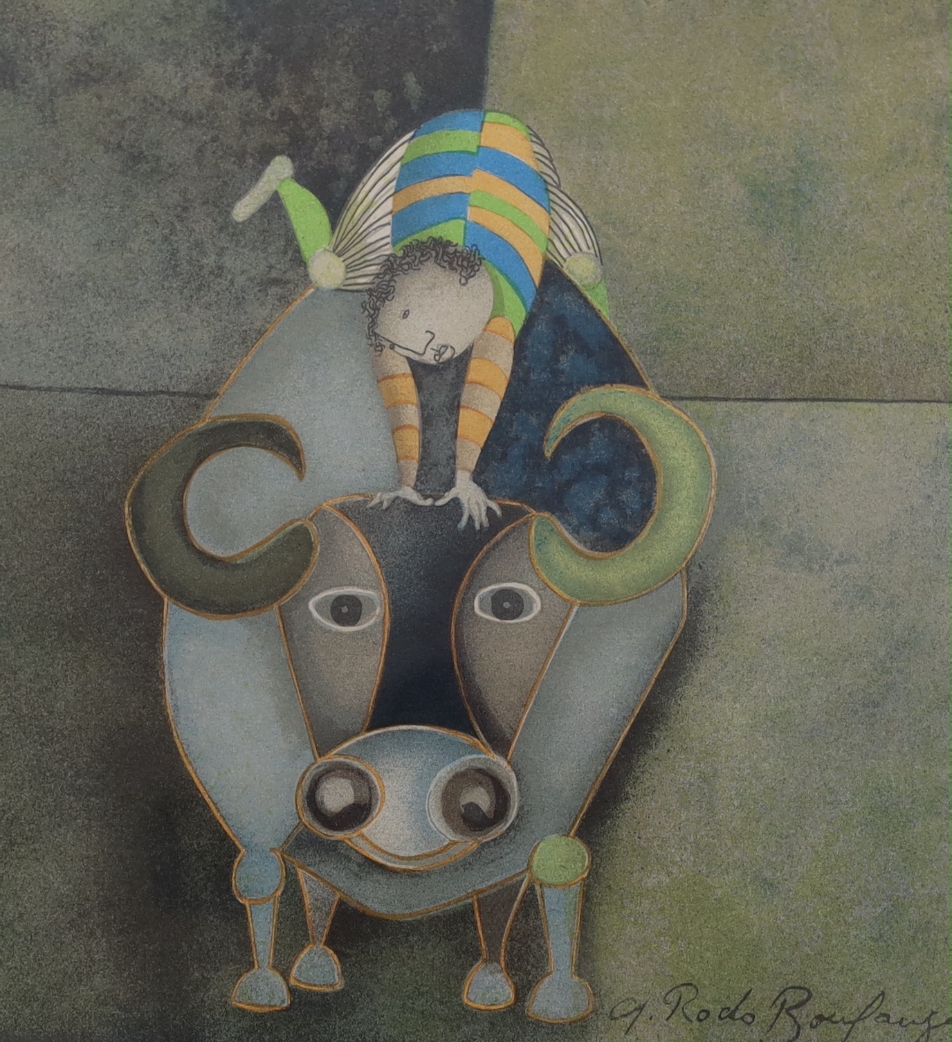 Graciela Rodo Boulanger (b.1935), two colour prints, Figures riding buffalos, 21 x 19.5cm